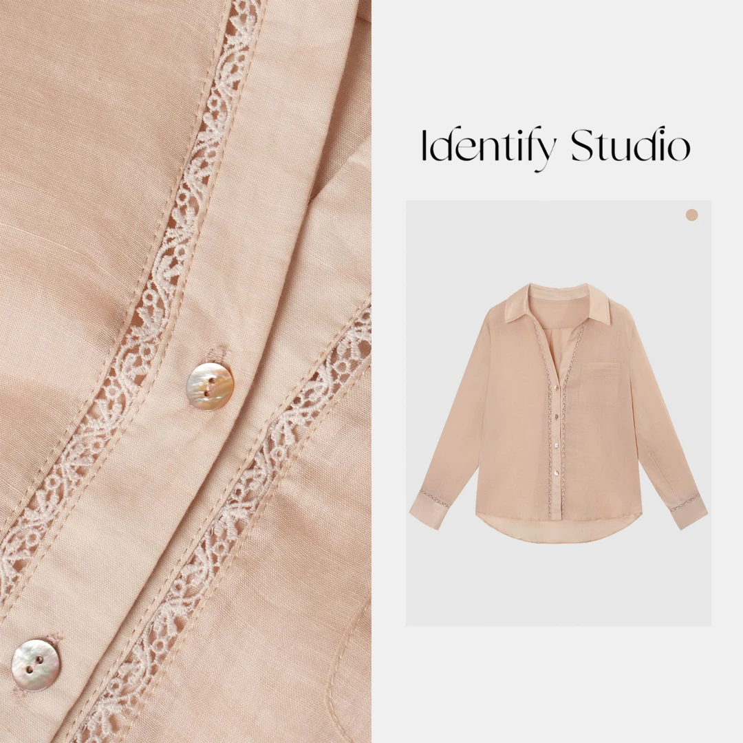 IDENTIFY"粉雾"夏季新款休闲百搭镂空拼接翻领长袖苎麻衬衫25SS