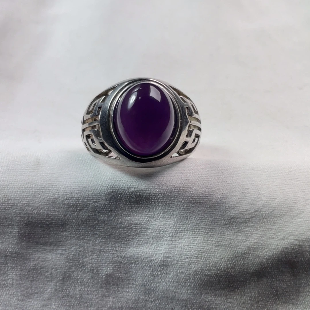 玛瑙/玉髓银S925镶嵌原矿无胶保山冰紫戒指