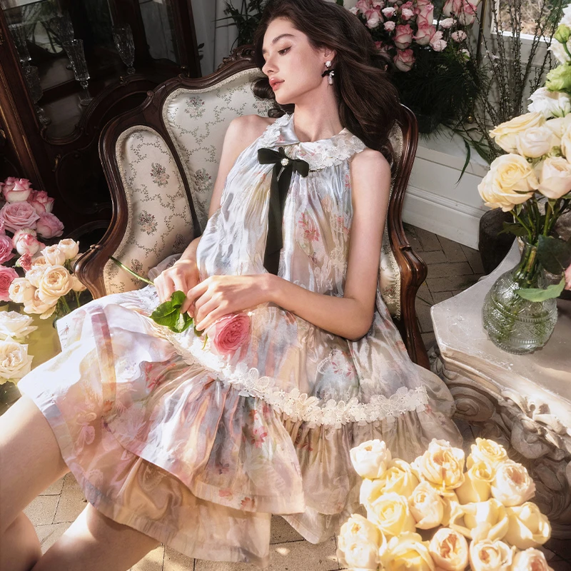 提花渐变虹彩印花A型无袖连衣裙FNDS2G115YL