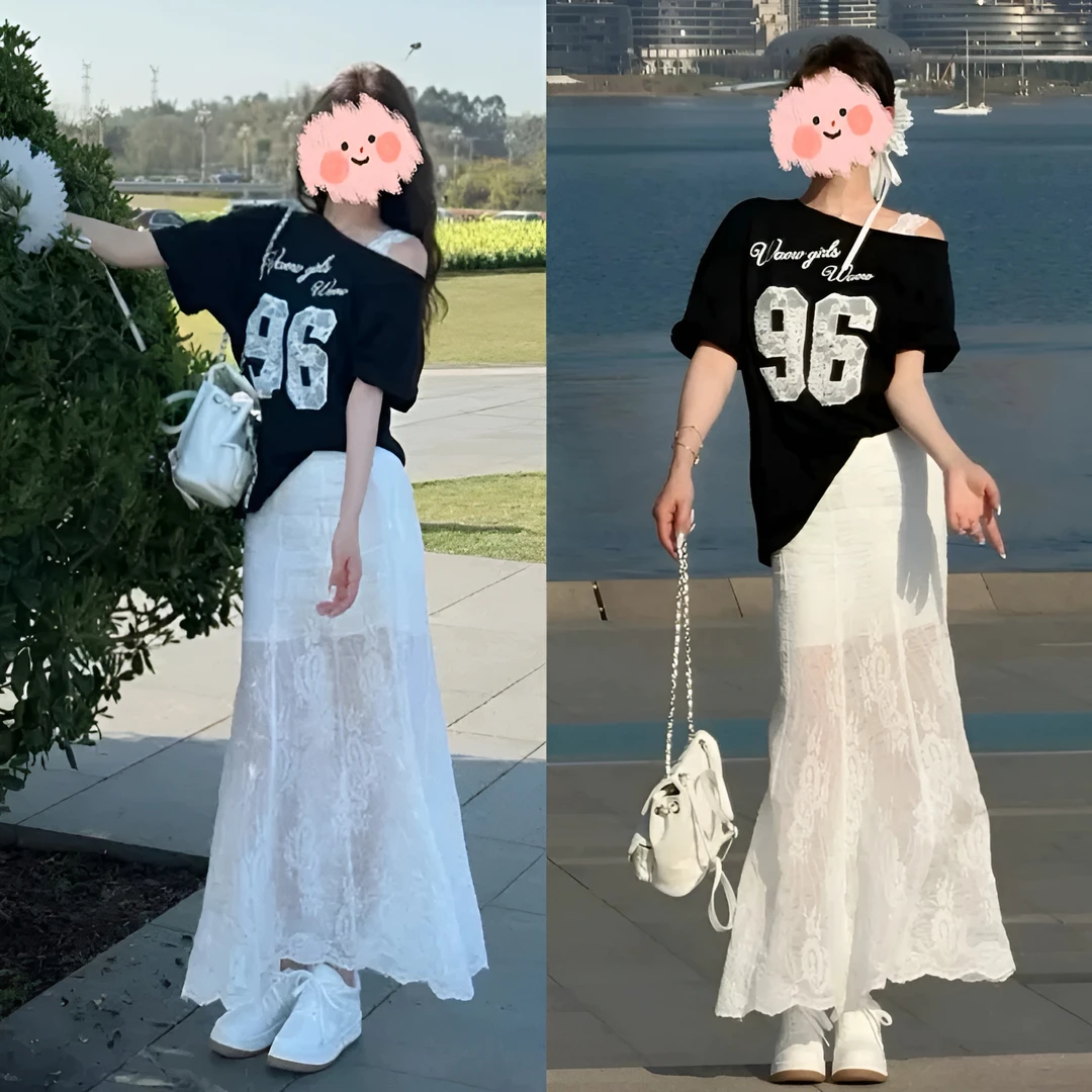 气质字母蕾丝露肩短袖T恤女2025夏季设计感宽松上衣＋半身裙套装女