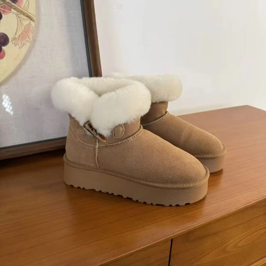 【牛角扣~中厚底】真皮真毛增高舒适雪地靴ST8888