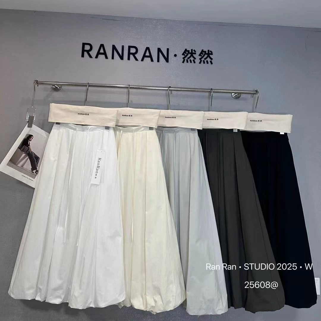 @25608 高腰a字半身裙子女春季抽绳白色伞裙