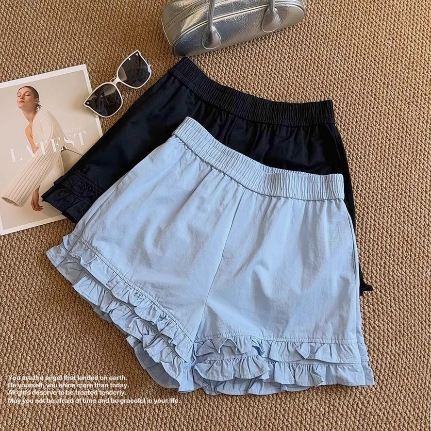白色木耳边花苞短裤女夏季2025新款高腰显瘦短裤百搭阔腿休闲短裤