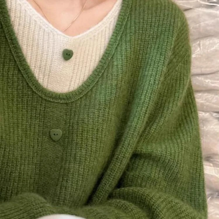 【8270】温柔风绿色假两件针织衫女秋冬大码胖mm宽松慵懒毛衣上衣