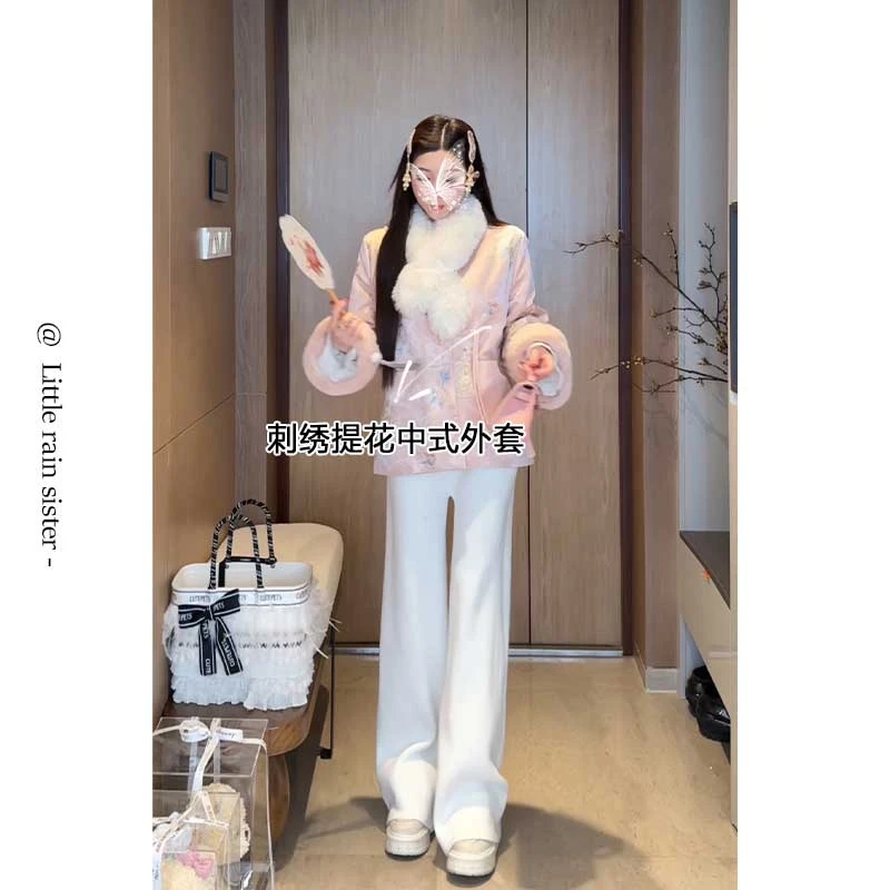 小雨姐姐新款【瑾粉如烟】时尚新中式国风刺绣提花盘扣毛毛袖口外套