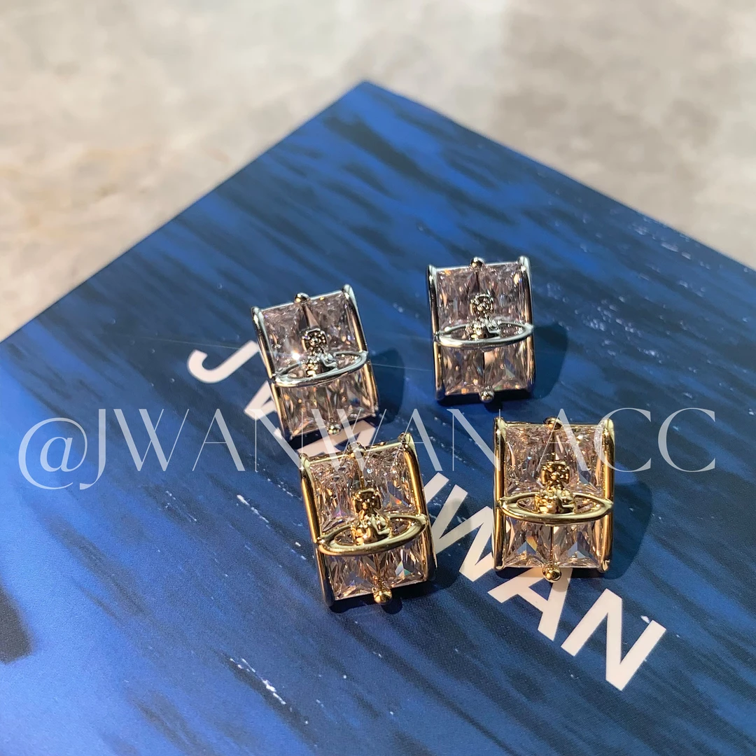 铜合金锆石耳饰 冰晶土星.小巧飞船方形冰晶百搭耳钉