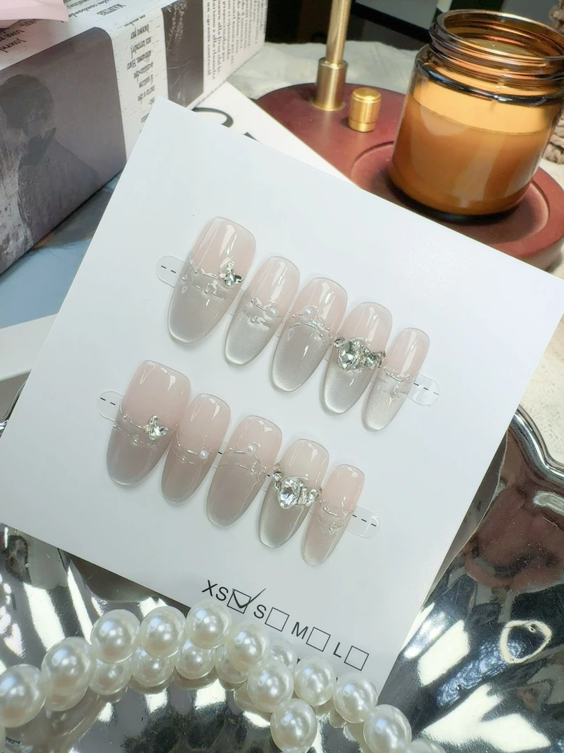 【晶光甜美】法式猫眼闪钻气质款纯手工穿戴式光疗甲