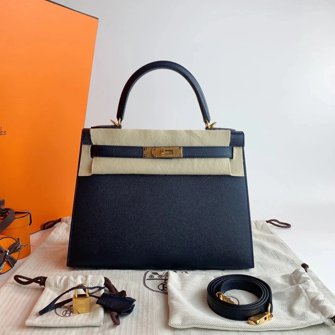 99新 Hermes/爱马仕 小花JerryKelly 28 午夜蓝 Ep皮 U刻 金扣包