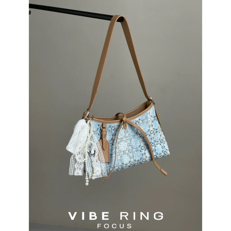 Vibe Ring小众撞色牛仔托特包女2025新款高级感大容量亮片腋下包