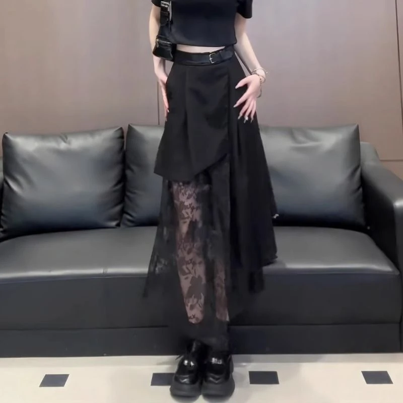 2025夏季新款蕾丝拼接不规则半身裙时尚气质百搭显瘦别致黑色长裙