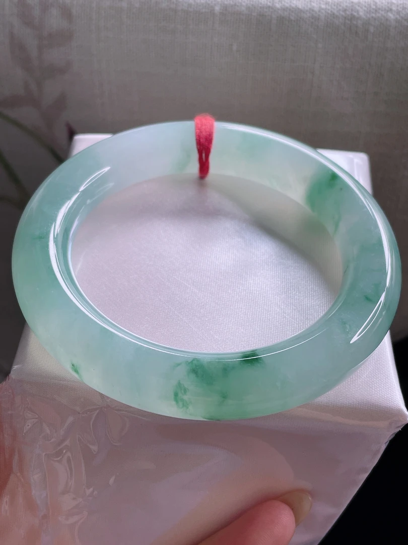 冰种起胶飘花57圈圆条手镯高贵大气正品天然缅甸翡翠A货玉圆镯