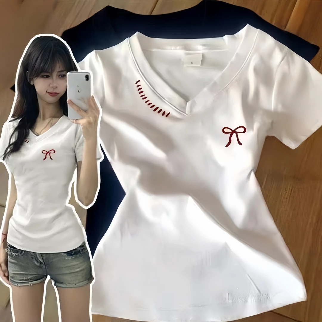 纯欲风辣妹V领正肩短袖T恤女夏季蝴蝶结印花多巴胺设计感ins上衣