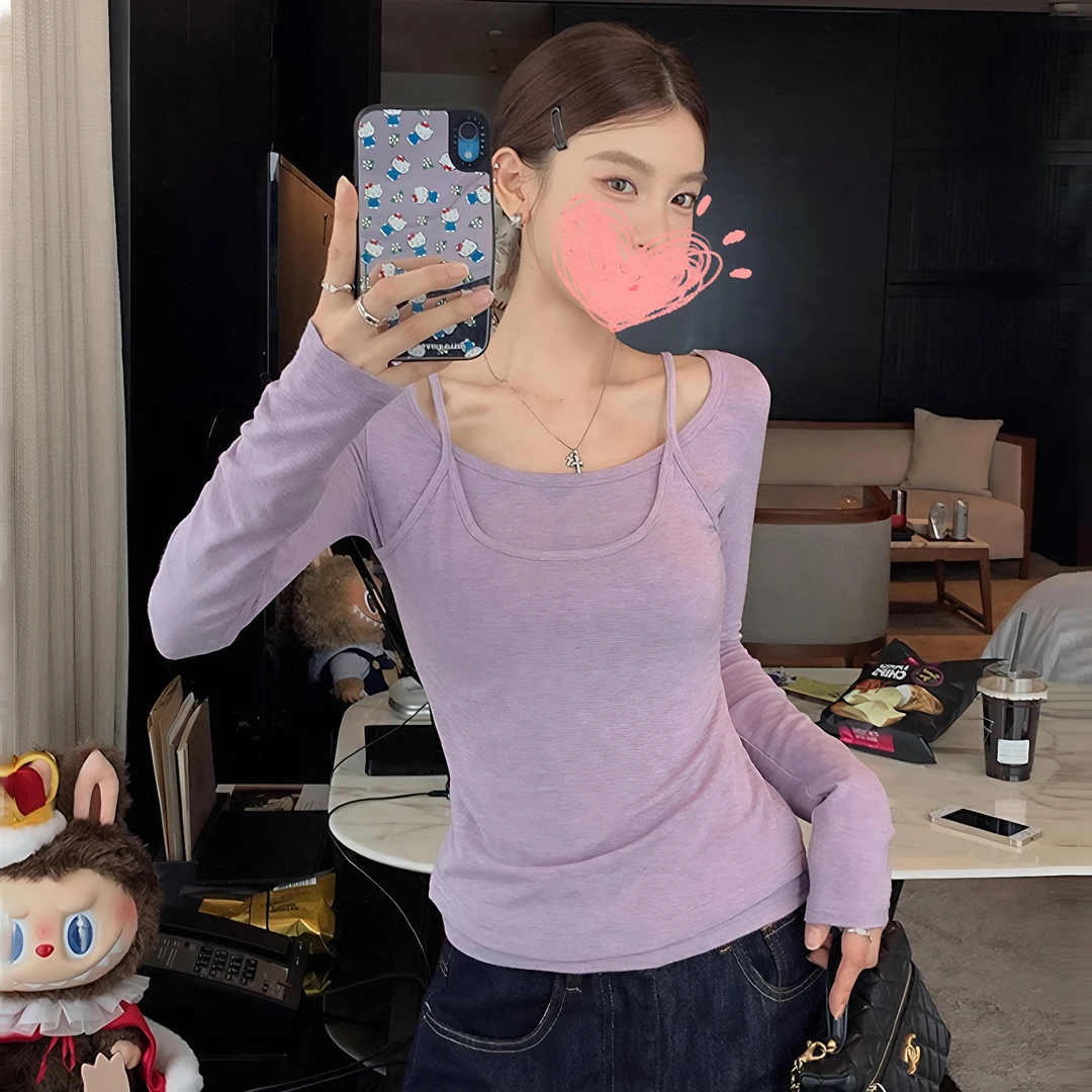 弹力棉叠穿假两件针织衫宽松修身显瘦设计感t秋季长袖打底上衣女