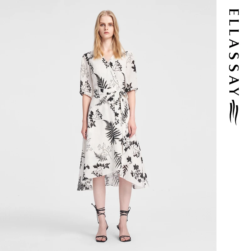 ELLASSAY歌力思夏季天丝亚麻印花不规则半袖连衣裙女EWB352Y03400
