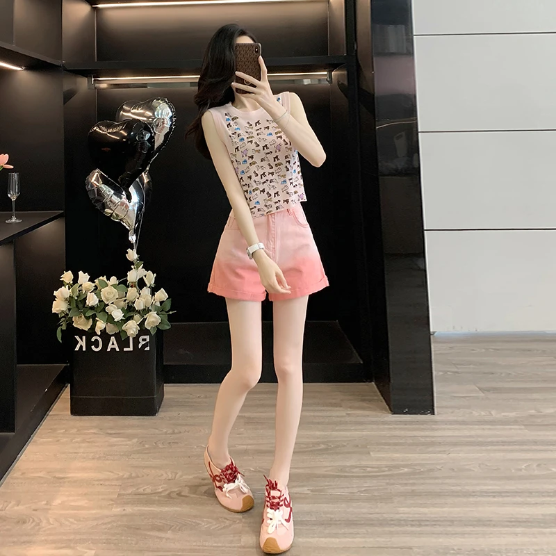 女装夏季新款2025爆款时尚印花无袖针织背心上衣渐变百搭牛仔短裤