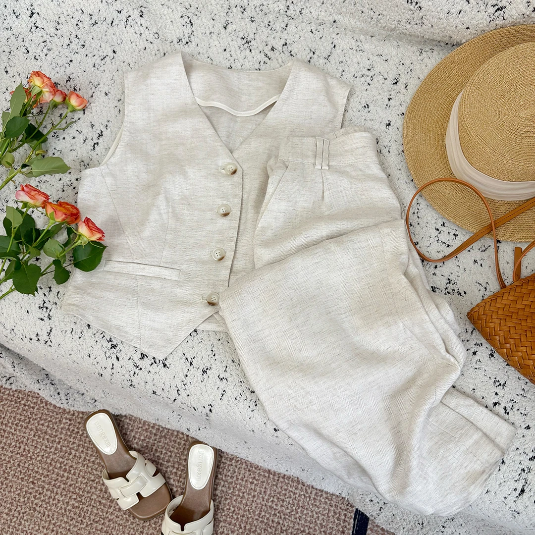 天丝亚麻慵懒风轻熟风百搭马夹阔腿裤时尚套装气质老钱风