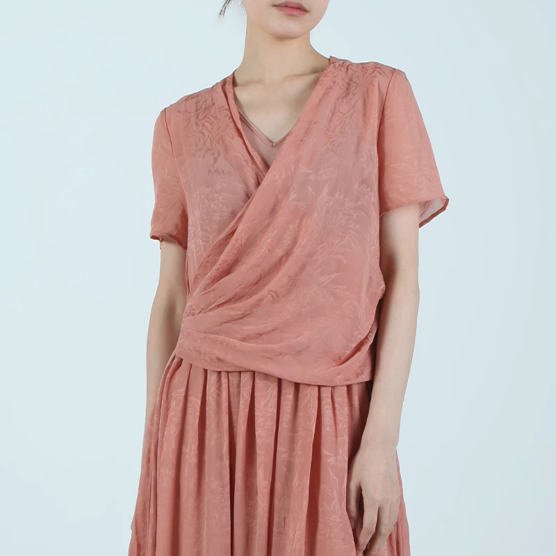 素芭气质V领叠襟连衣裙女夏季层次感设计时尚百搭优雅长裙SF0621