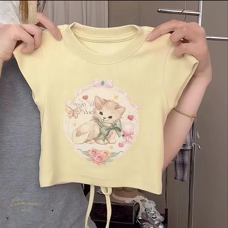 女童新款2025夏季新款卡通印花短袖女宝宝韩版时尚后背镂空上衣潮