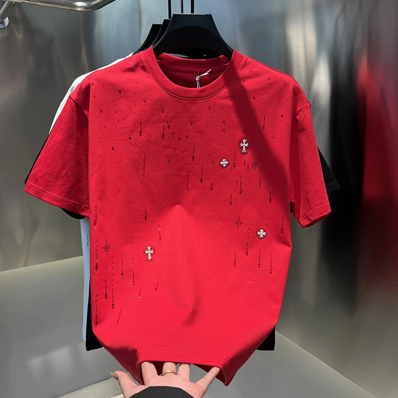 2025新款男装时尚百搭圆领高品质烫钻休闲潮牌短袖T恤轻奢男装