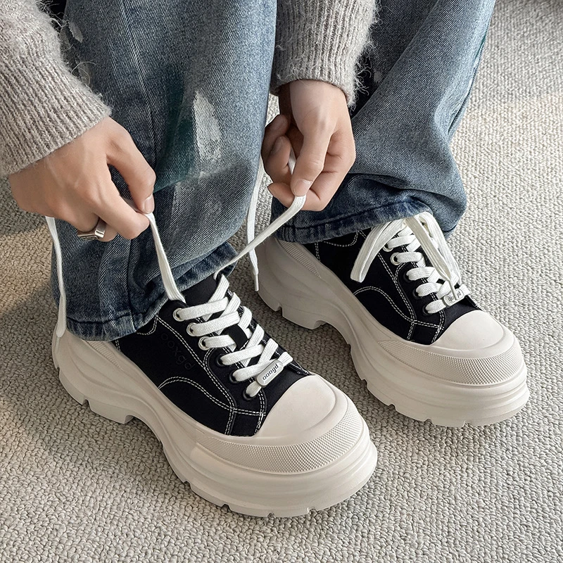 百搭透气运动鞋系带休闲鞋厚底老爹鞋.隐形内增高帆布材质圆