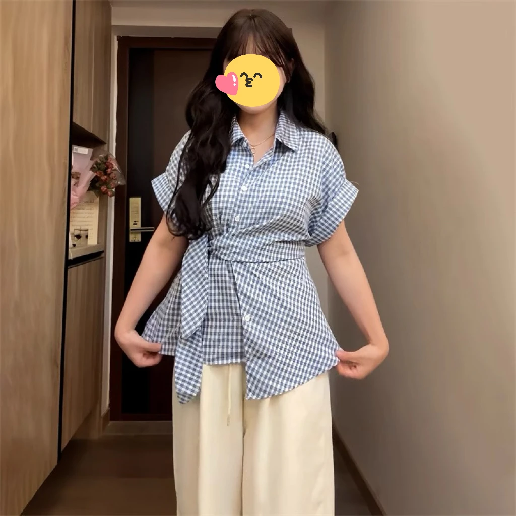 温柔风蓝色格子polo领衬衫女夏季2025新款大码胖MM绑带收腰上衣潮