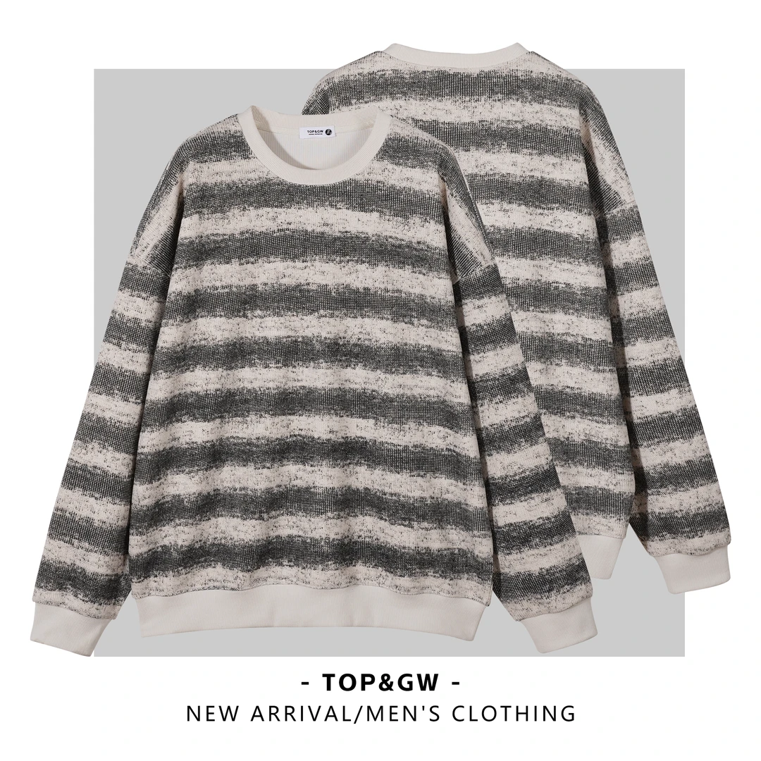 秋冬重磅大码情侣潮流圆领套头休闲条纹卫衣上衣长袖8619