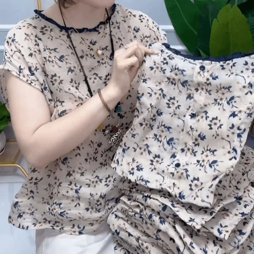 中年宽松减龄2025夏季新款落肩袖圆领印花T恤时尚洋气百搭上衣女