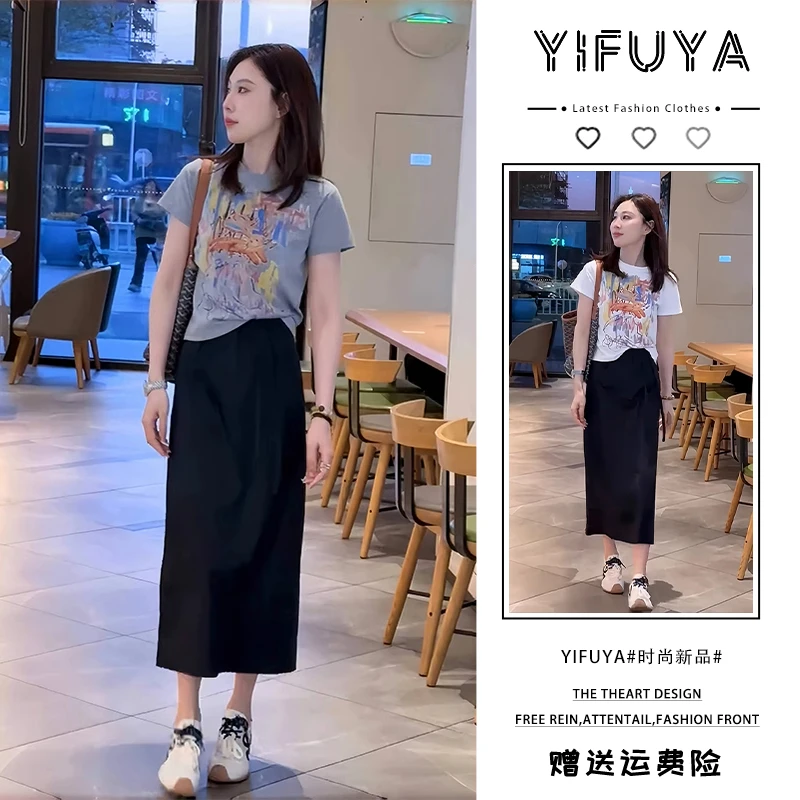 彩绘兔子短袖T恤搭配中长款A字半身裙夏日清新穿搭时尚减龄两件套