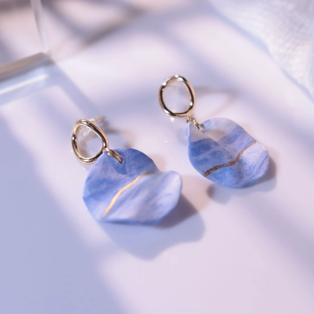 薄脆陶瓷耳钉  釉蓝描金气质精美新中式景德镇陶瓷手工国风耳饰