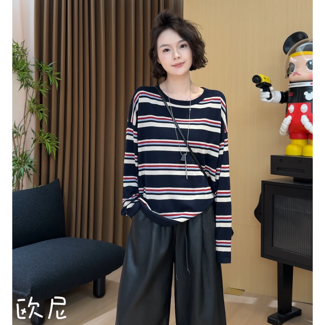 欧尼私服 2025早秋新款设计感慵懒别致条纹圆领T恤上衣2508C4329
