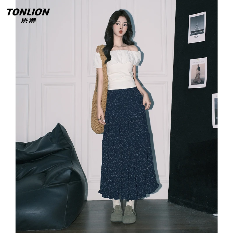 唐狮韩系碎花高腰半身裙女深蓝垂感气质蛋糕长裙度假绝美A字伞裙
