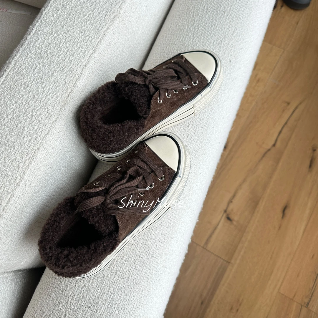 ShinyMuse缪斯定制长毛绒真皮欧系百搭舒适厚底系带加绒休闲鞋