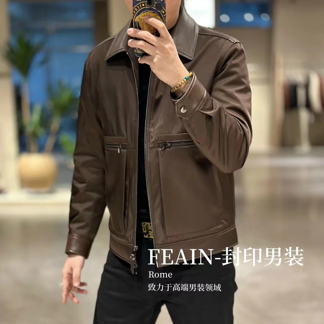 【鹅绒真皮桑蚕丝】高端定制男装真皮拼接桑蚕丝混纺鹅绒服3525