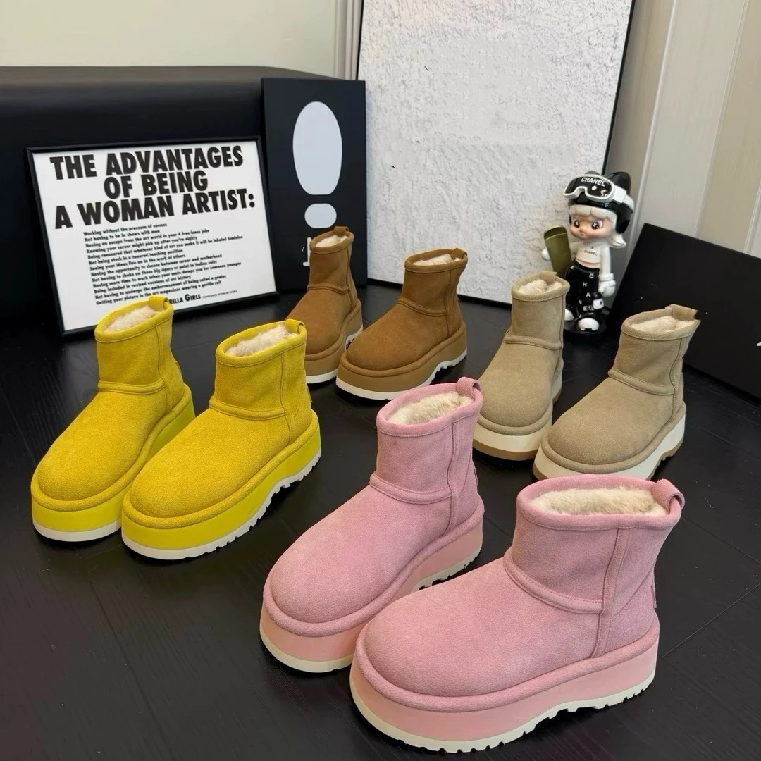 广州欧货【彩虹】冬季新款4cm博肯真皮圆头丑萌欧美轻奢加绒短靴