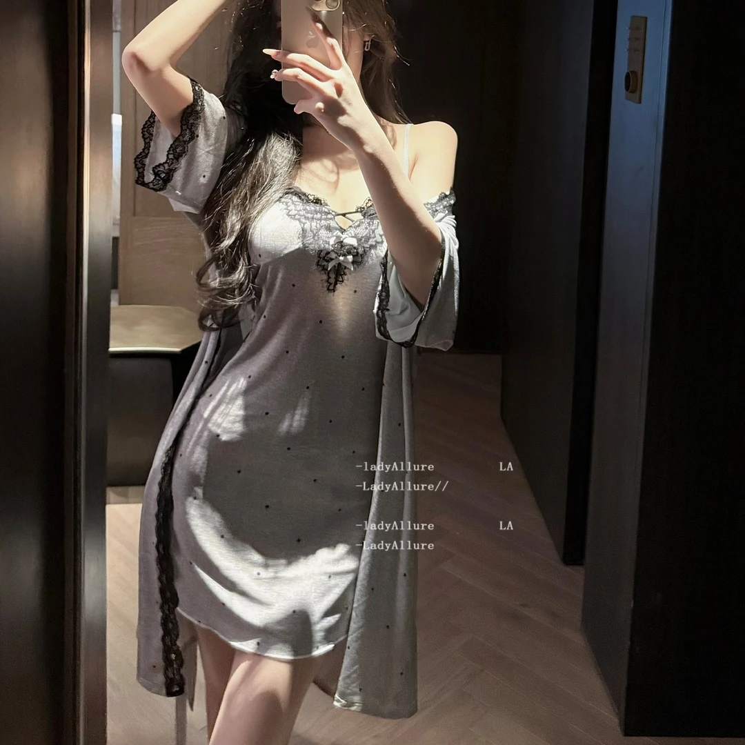 「LA」娇香风信子*气质波点温柔吊带睡裙日系性感蕾丝家居服套装