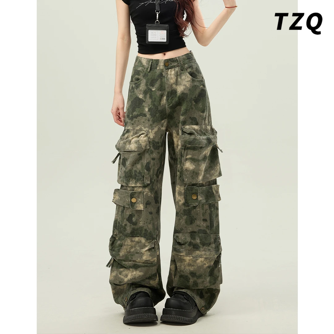 迷彩多口袋休闲裤女夏季季辣妹低腰复古直筒阔腿工装裤TZQ2560543