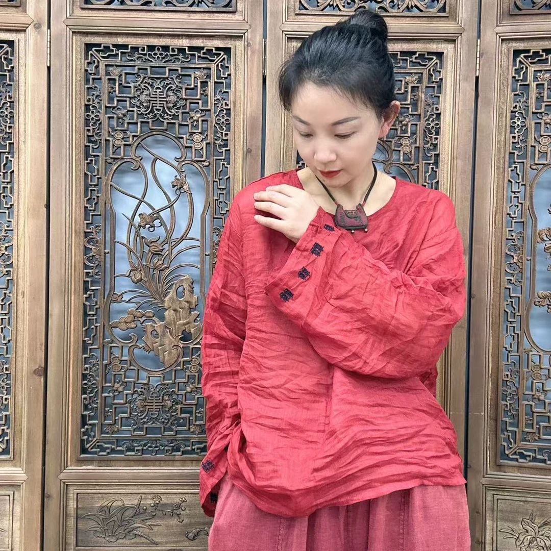 素陌  原创设计袖口刺绣喜字苎麻圆领T恤宽松休闲时尚百搭显瘦