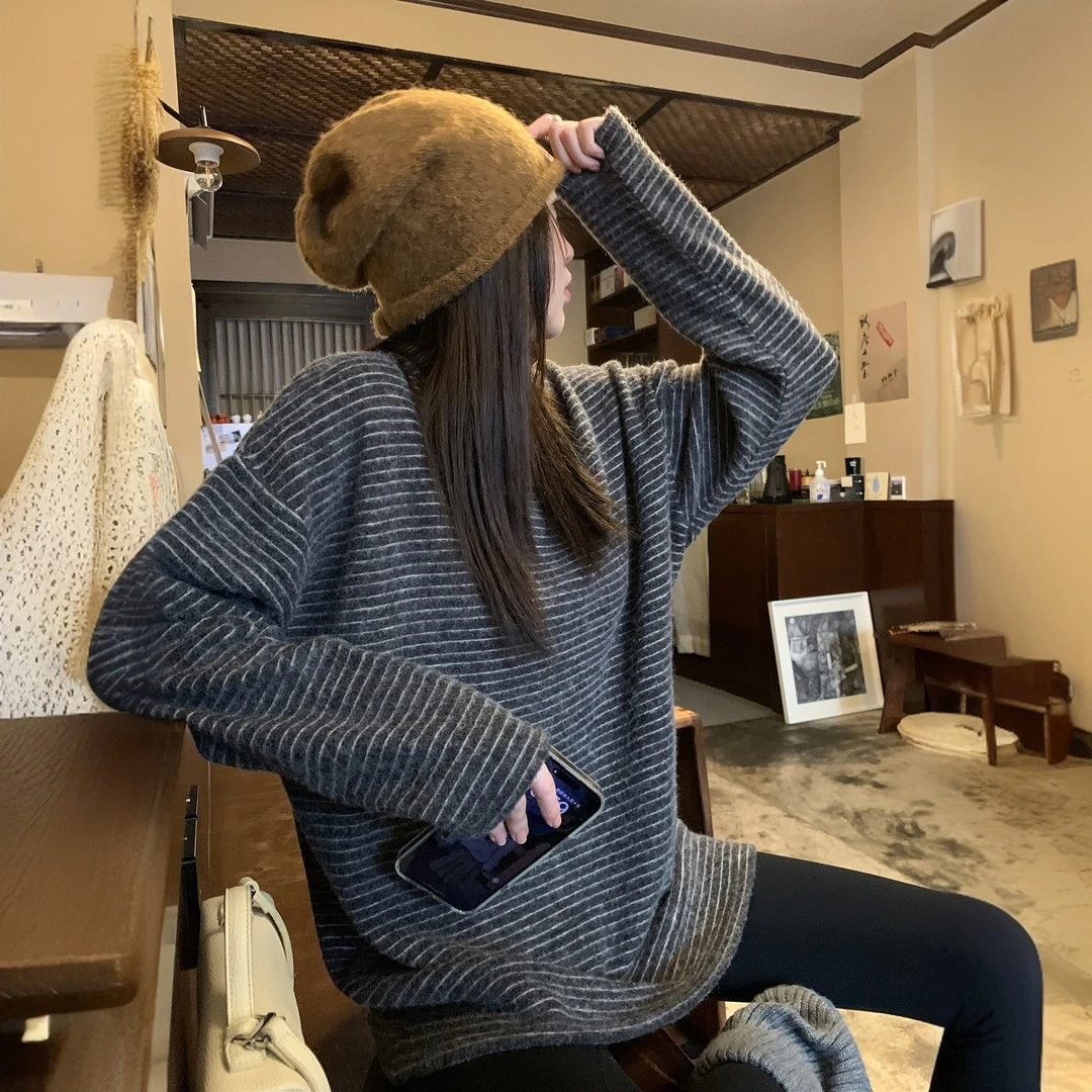 海盐奥利奥慵懒风磨毛绒加厚条纹长袖T恤女2025秋冬宽松打底上衣