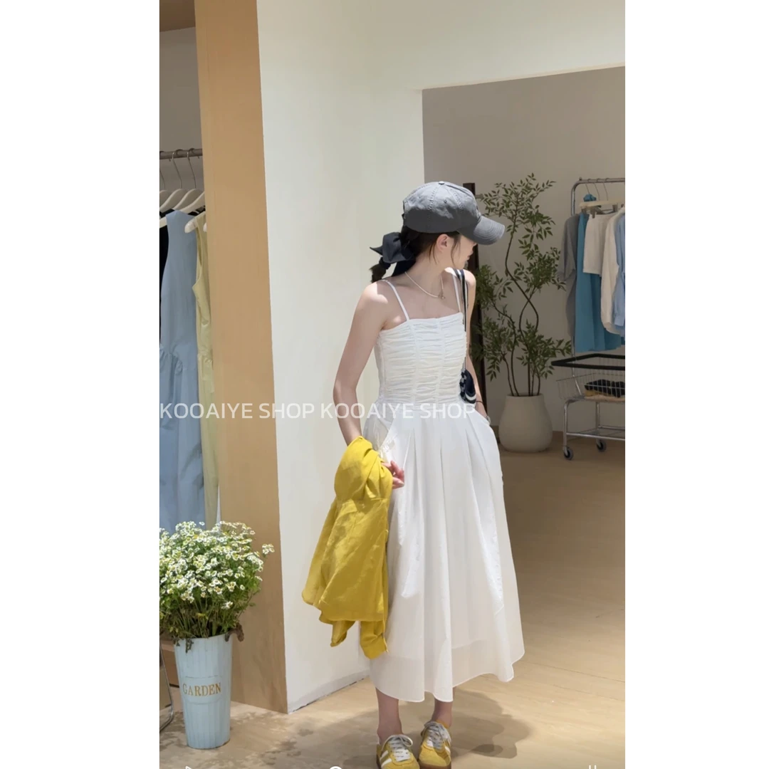 【初恋】春夏法师温柔褶皱吊带连衣裙收腰a字长裙