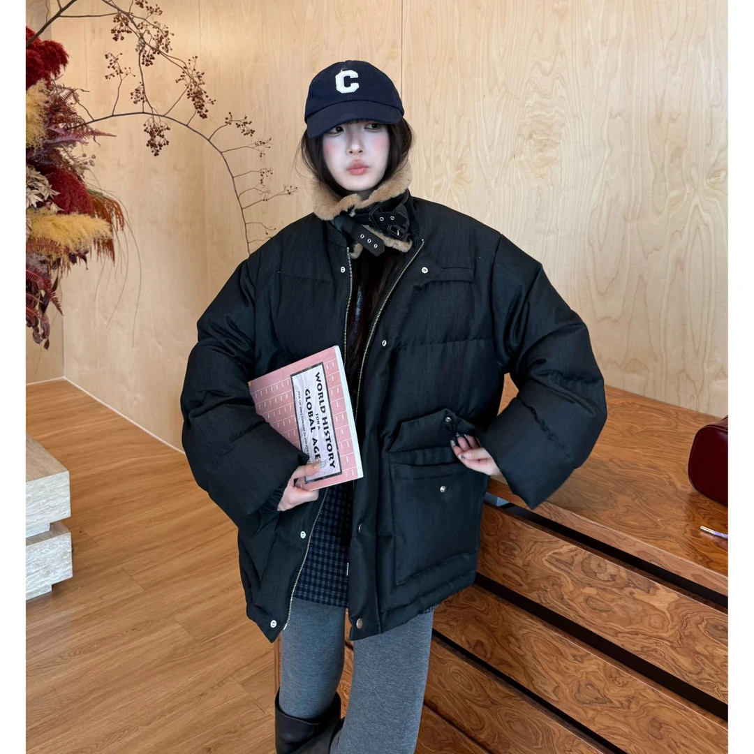 ETHOR 黑色皮领绗缝羽绒服女25AW秋冬新款保暖百搭外套上衣IINC