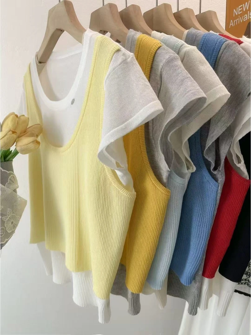 沐沐毛衣夏季不起球薄款印花短袖毛针织衫纯色韩版muji风晕染