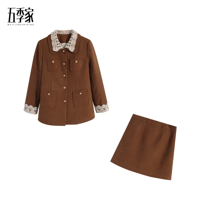 五季家大码冬季咖拼杏色羽绒上衣+咖色短裙两件套ZL113811