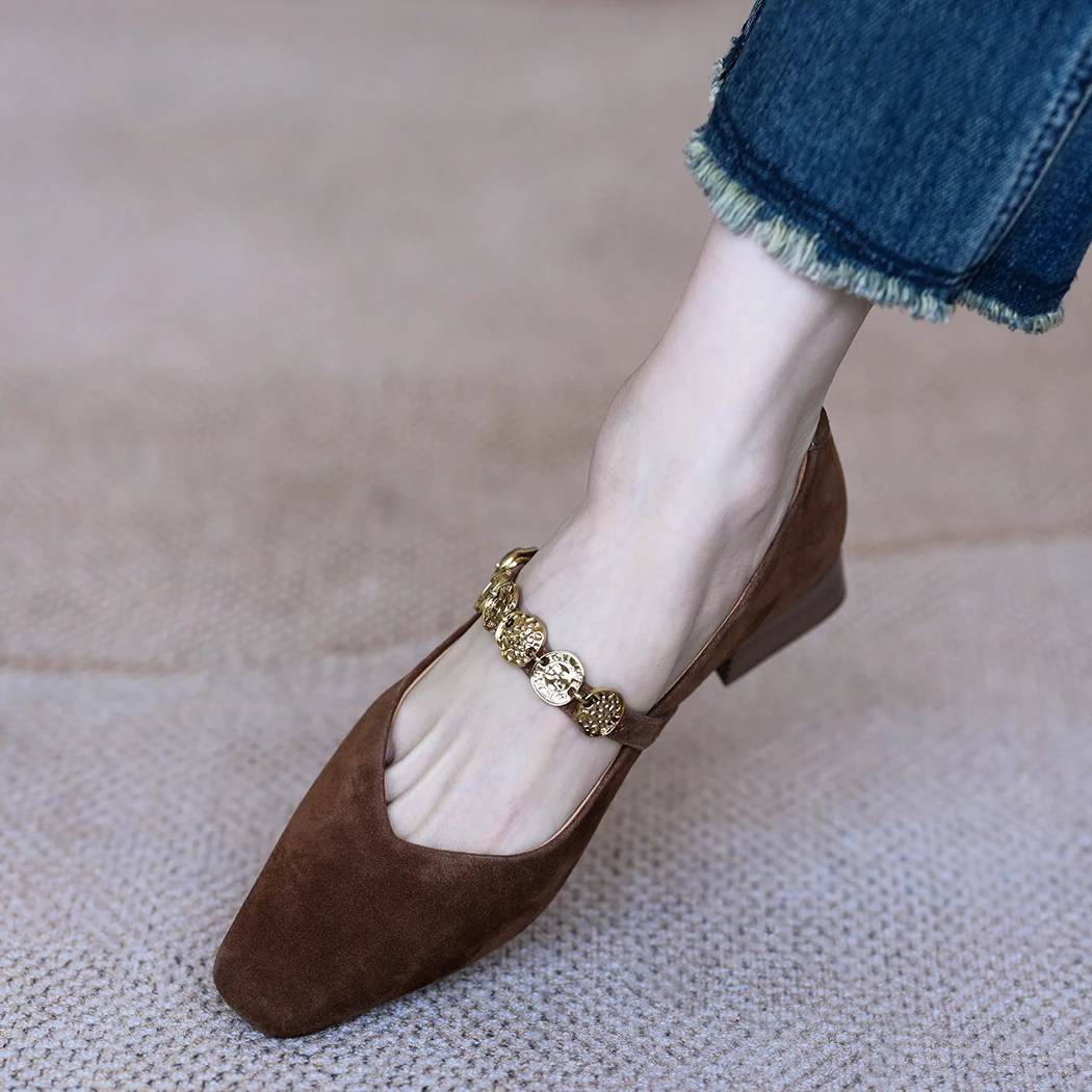 粗跟单鞋女2025新款真皮金币链方头舒适中跟玛丽珍鞋