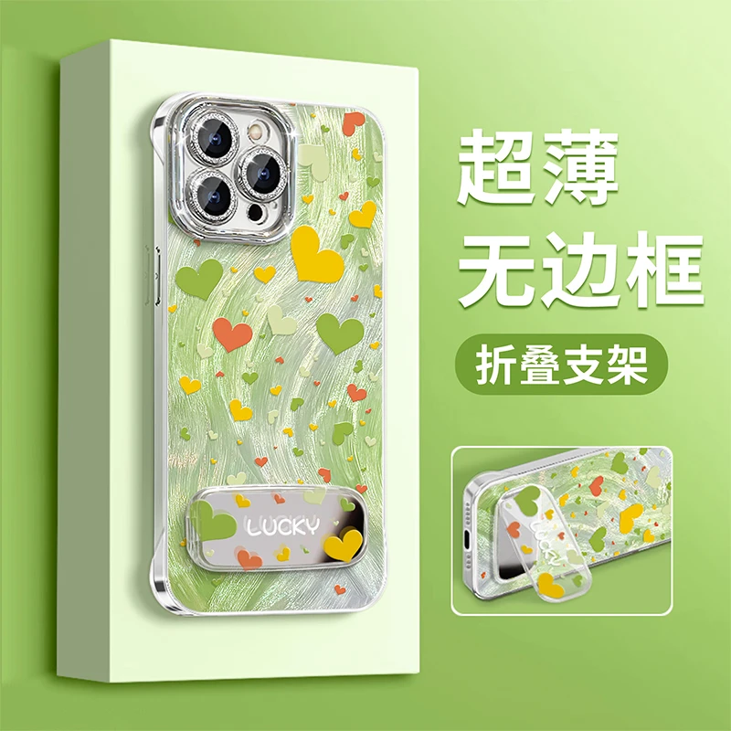 满屏爱心适用苹果华为vivo小米oppo羽纱无边框镜子支架手机壳ins