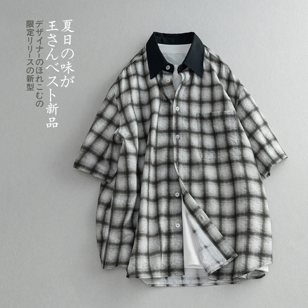 日系复古格子拼接短袖衬衫男夏季新款宽松休闲百搭纯色翻领上衣潮