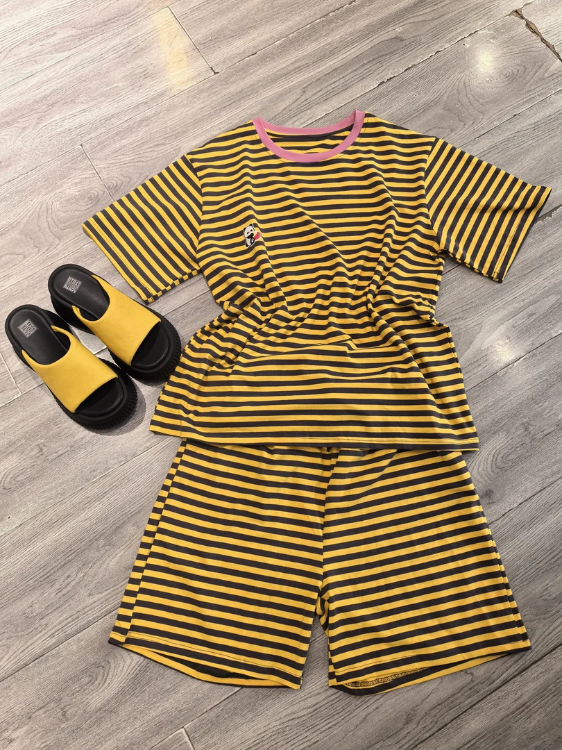 红姐严选夏季舒适条纹拼色纯棉家居服31745