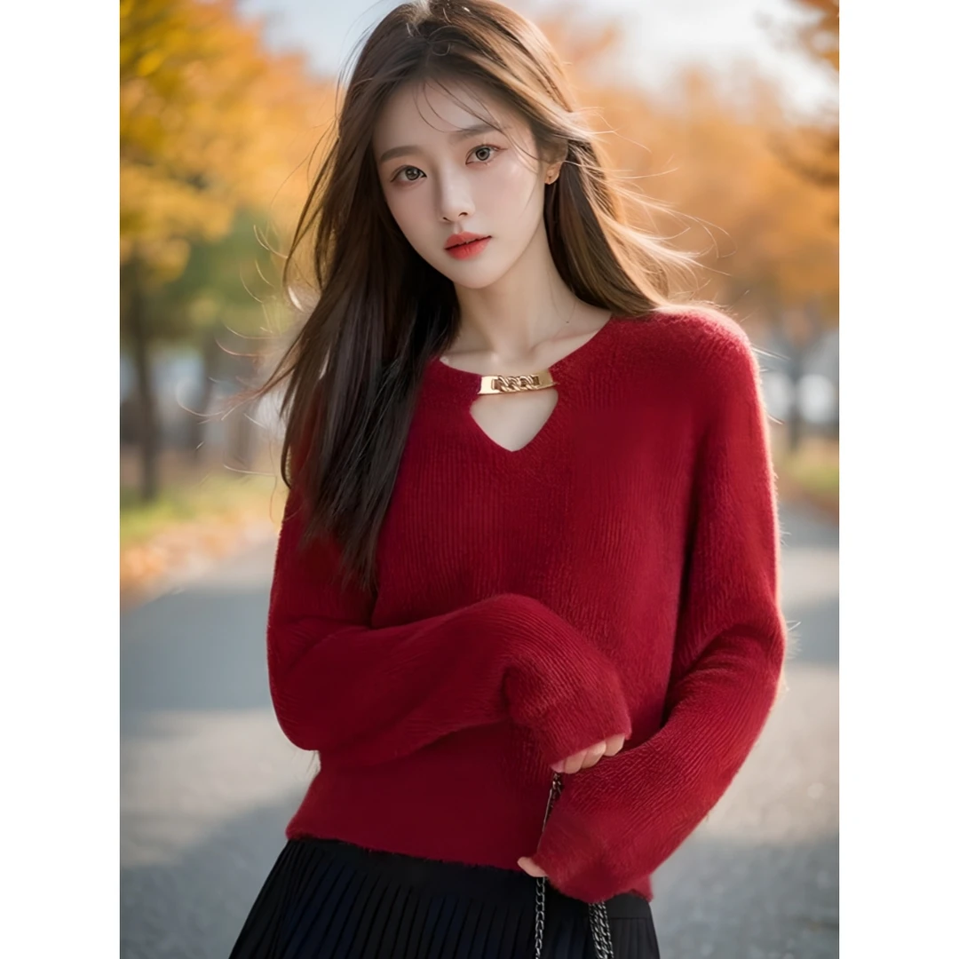 红色冬季2024新款针织衫香风打底春秋小众加厚针织上衣