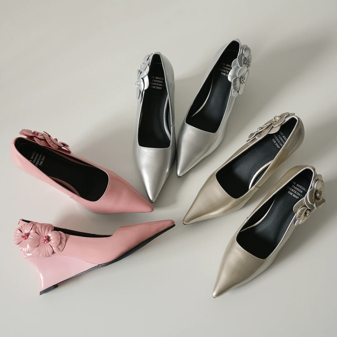 跟高7.5cm/2080/时尚尖头坡跟花朵真皮四季百搭单鞋女