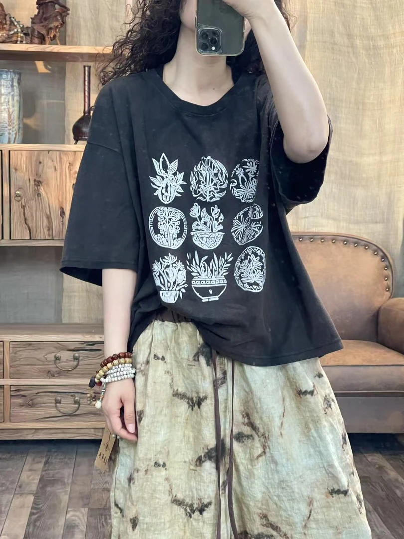 [四月阳光]新品夏季棉料炒色做旧印花圆领休闲T恤(长60胸围136)