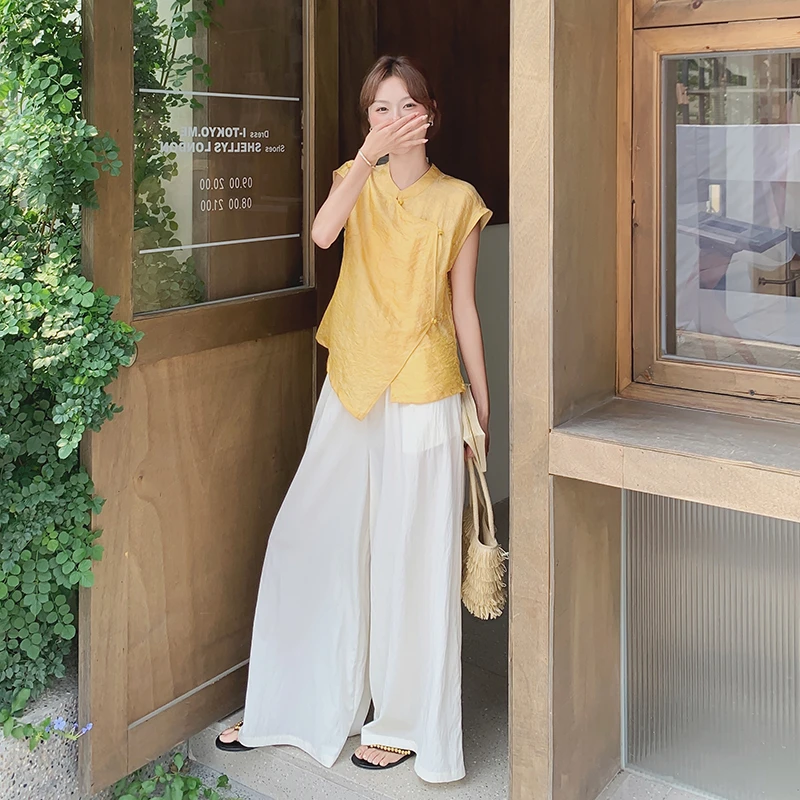 2025夏季新款时尚显瘦新中式黄色短袖上衣高腰阔腿裤轻奢两件套女